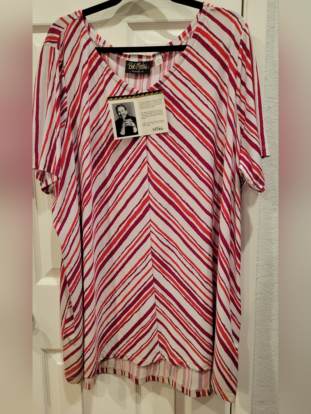 Bob Mackie Pink and White Diagonal Stripe V-Neck Tunic